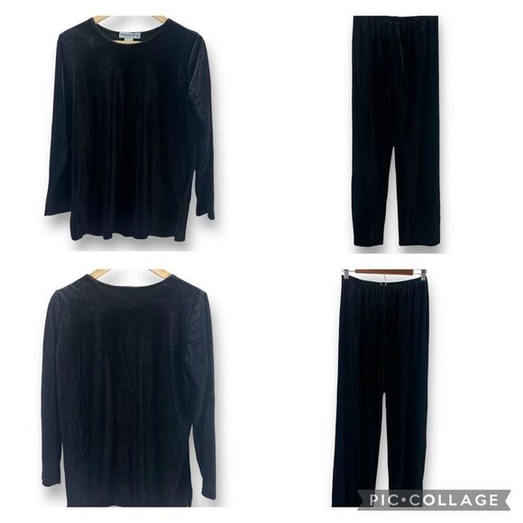 Vintage Passports Women's S Crushed Velvet Pajama Set Black Ribbed Loungewear - Picture 1 of 11